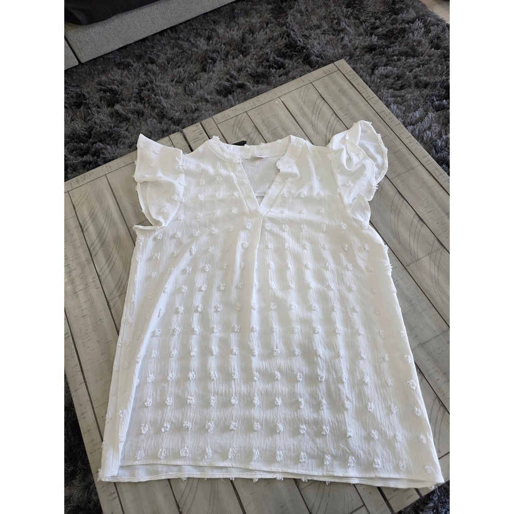 Fantaslook White Swiss Dot Ruffle Cap Sleeve Split V-Neck Blouse Large